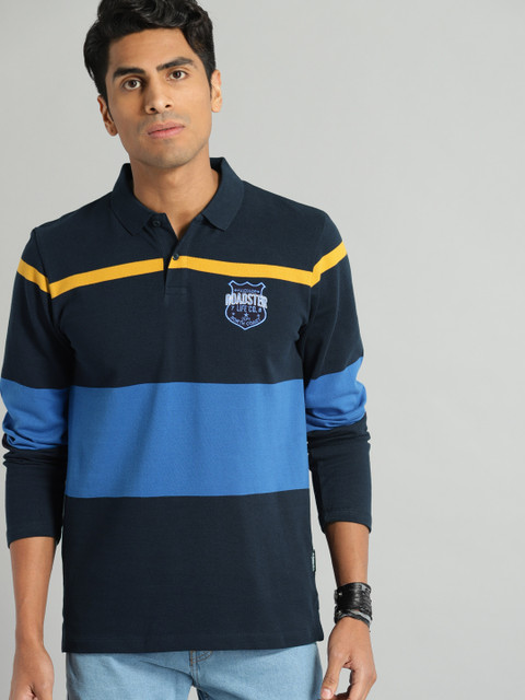 

Roadster Men Blue Colourblocked Polo Collar T-shirt