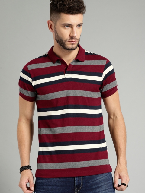 

Roadster Men Maroon & Grey Striped Polo Collar T-shirt