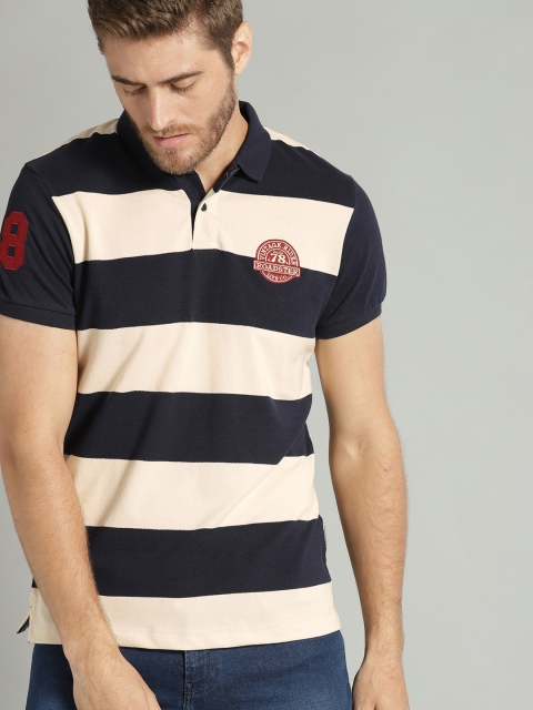 

The Roadster Lifestyle Co Men Navy Blue Striped Polo Collar T-shirt