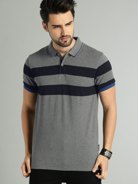 

The Roadster Lifestyle Co Men Charcoal Grey Striped Polo Collar Pure Cotton T-shirt