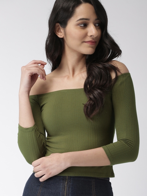 

FOREVER 21 Women Olive Green Solid Bardot Top