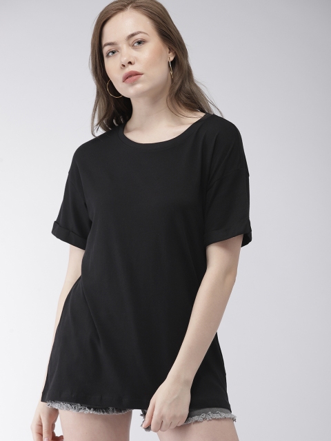 

FOREVER 21 Women Black Solid Round Neck T-shirt