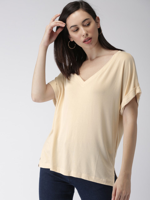 

FOREVER 21 Women Beige Solid Boxy Top