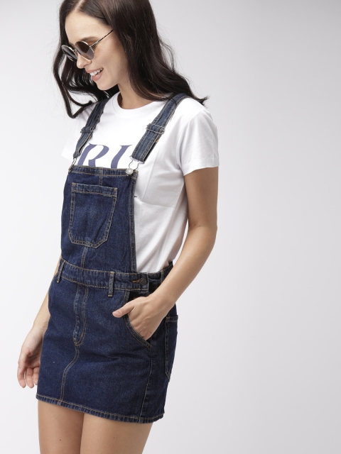 

FOREVER 21 Women Blue Solid Pinafore Mini Dress