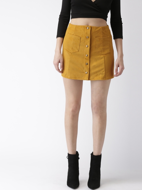 

FOREVER 21 Women Mustard Yellow Solid Suede Mini Skirt