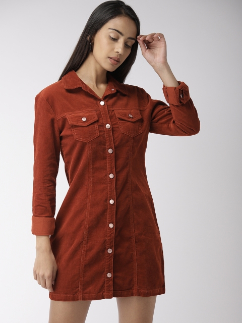 

FOREVER 21 Women Rust Brown Corduroy Solid Shirt Dress