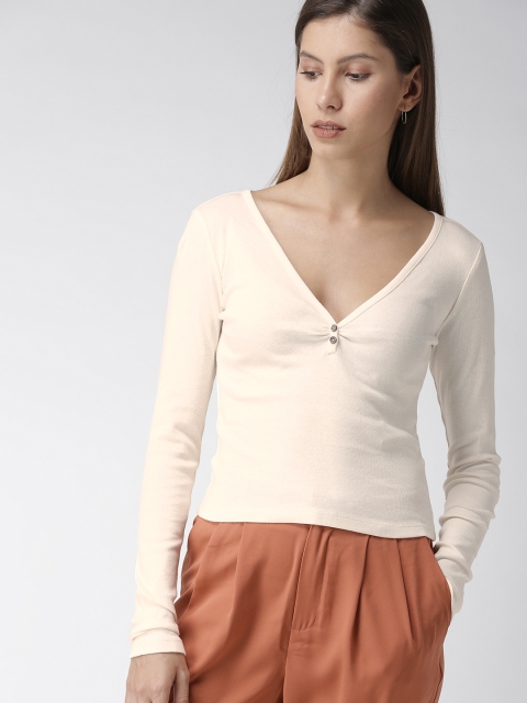 

FOREVER 21 Women Cream-Coloured Solid Fitted Top