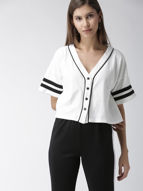 

FOREVER 21 Women White & Black Solid Boxy Top
