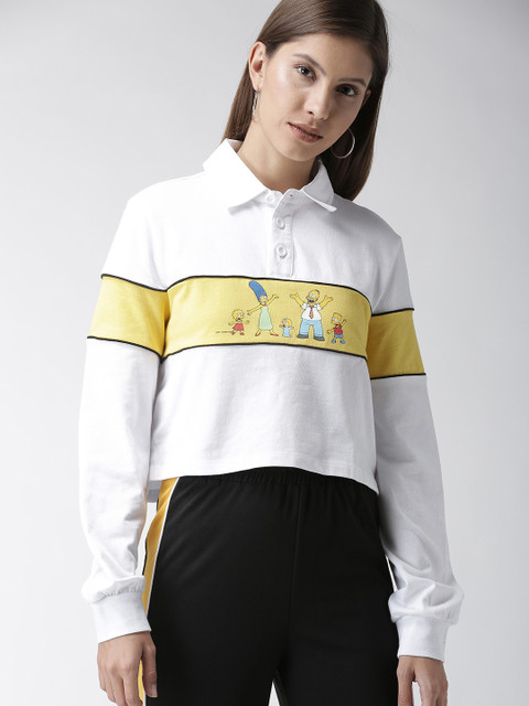 

FOREVER 21 Women White & Yellow Printed Polo Collar T-shirt