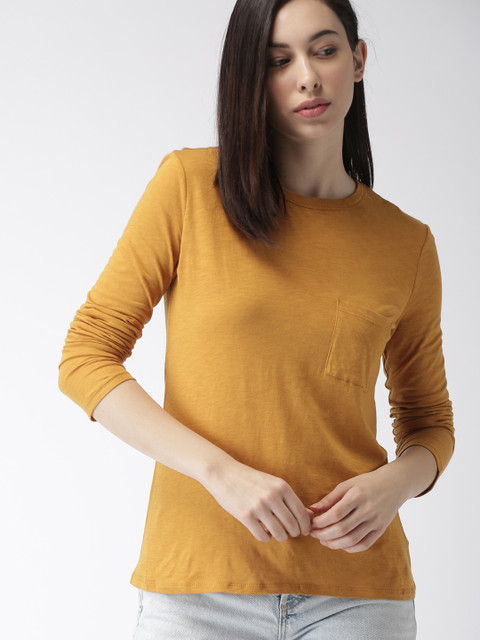

FOREVER 21 Women Mustard Yellow Solid Round Neck T-shirt