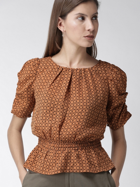 

FOREVER 21 Women Brown & Black Printed Peplum Top