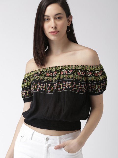 

FOREVER 21 Women Black Solid Bardot Top