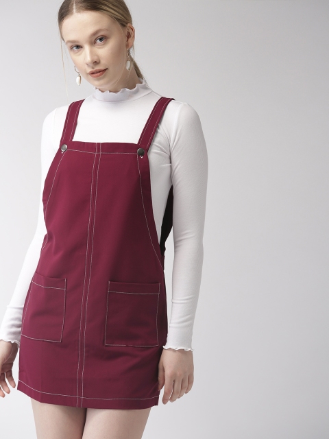 

FOREVER 21 Women Burgundy Solid Pinafore Dress