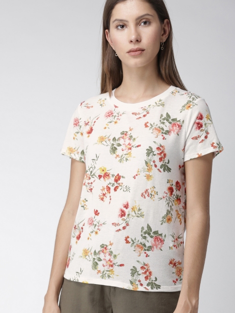 

FOREVER 21 Women White & Green Printed Round Neck T-shirt