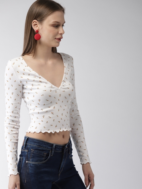 

FOREVER 21 Women White & Yellow Printed Fitted Cropped Top