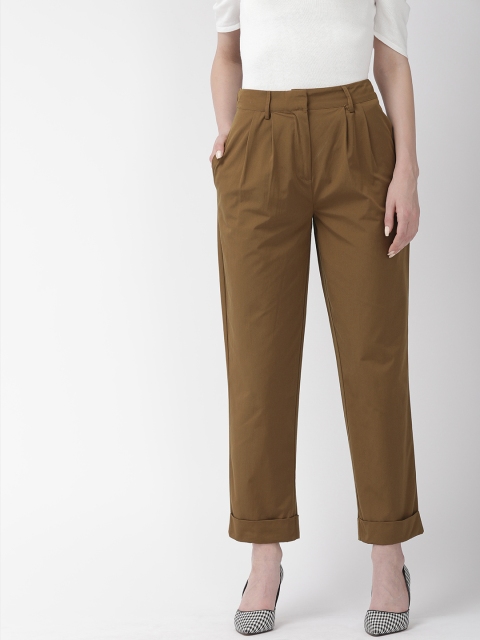 

FOREVER 21 Women Olive Brown Regular Fit Solid Peg Trousers