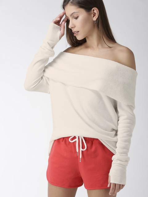 

FOREVER 21 Women Cream-Coloured Solid Bardot Top