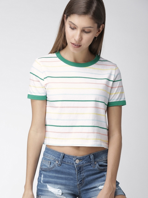

FOREVER 21 Women White & Green Striped Crop T-shirt