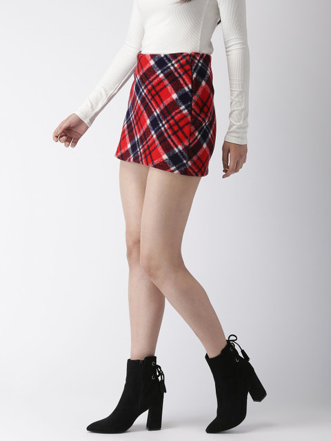 

FOREVER 21 Women Red & Navy Blue Checked Mini A-Line Skirt