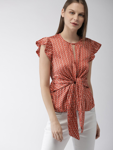 

FOREVER 21 Women Rust Orange Printed Cinched Waist Top