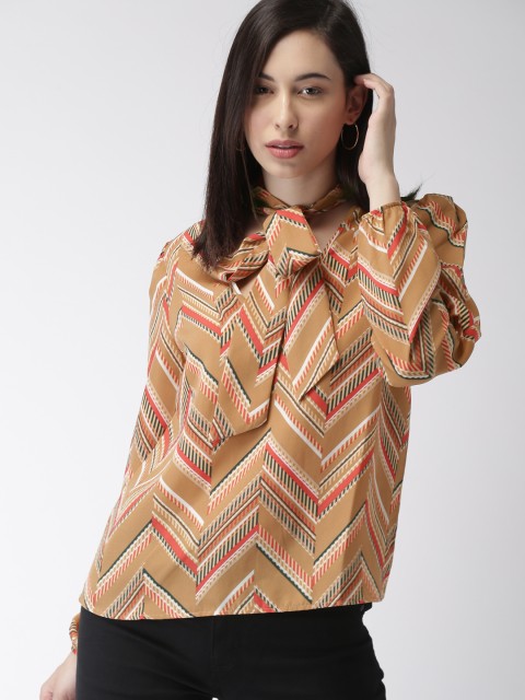 

FOREVER 21 Women Camel Brown & Coral Pink Printed Top