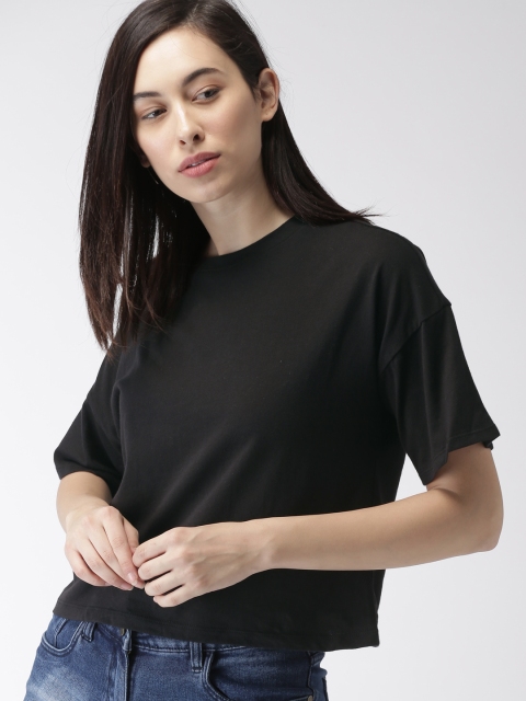 

FOREVER 21 Women Black Solid Round Neck T-shirt