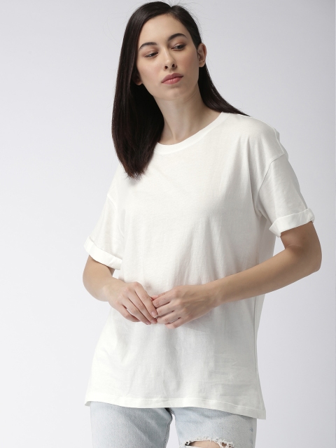 

FOREVER 21 Women White Solid Round Neck Pure Cotton T-shirt