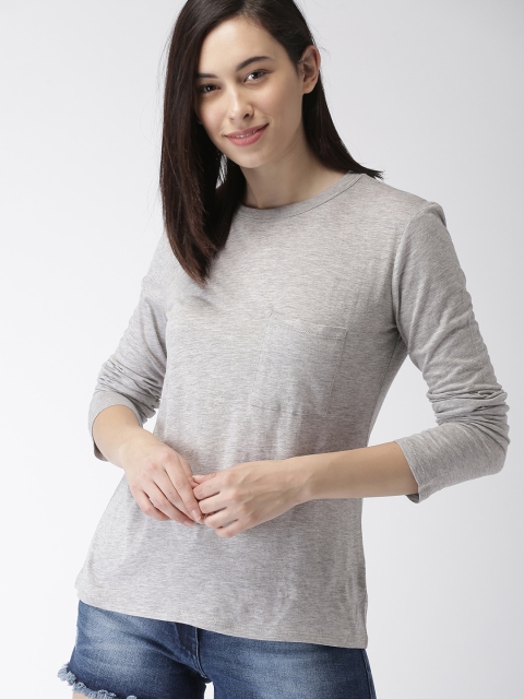 

FOREVER 21 Women Grey Melange Solid Round Neck T-shirt