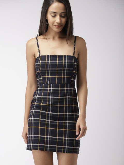 

FOREVER 21 Women Navy Blue & Mustard Yellow Checked Sheath Dress