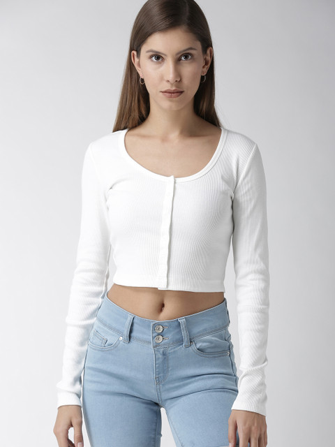 

FOREVER 21 Women White Solid Round Neck T-shirt