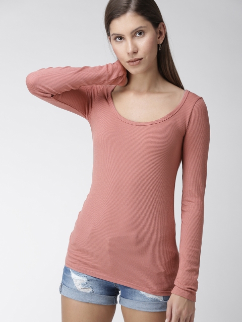 

FOREVER 21 Women Pink Self Design Fitted Top