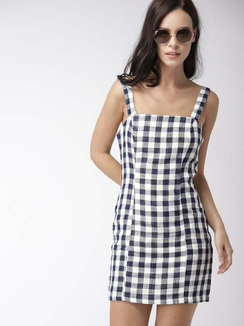 

FOREVER 21 Women Navy Blue & White Checked Sheath Dress