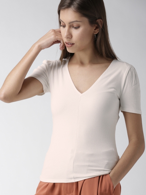 

FOREVER 21 Women Off-White Ribbed V-Neck T-shirt