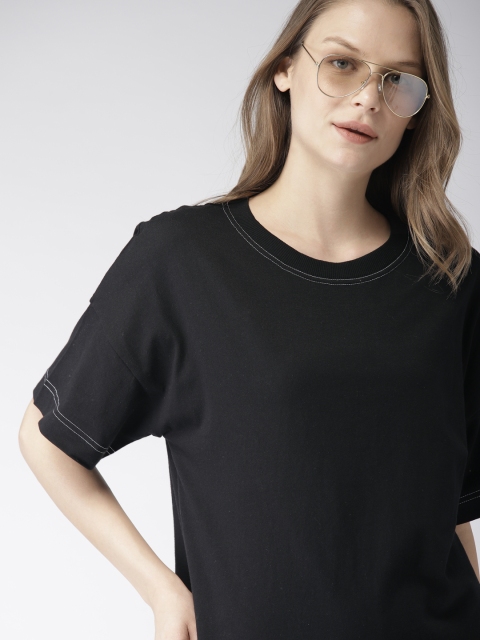 

FOREVER 21 Women Black Solid Round Neck T-shirt