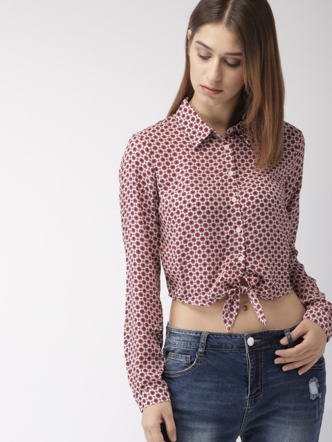 

FOREVER 21 Women Burgundy & White Slim Fit Printed Casual Crop Shirt