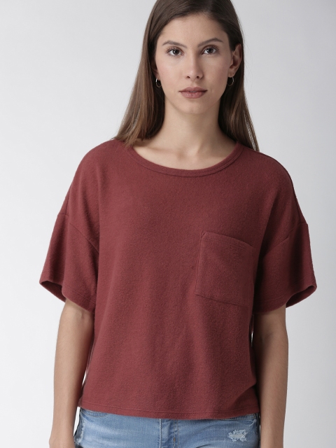

FOREVER 21 Women Maroon Solid Round Neck T-shirt