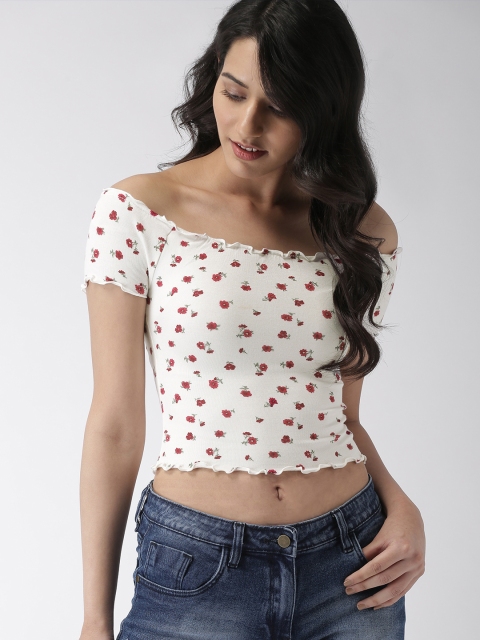 

FOREVER 21 Women White Printed Cropped Bardot Top
