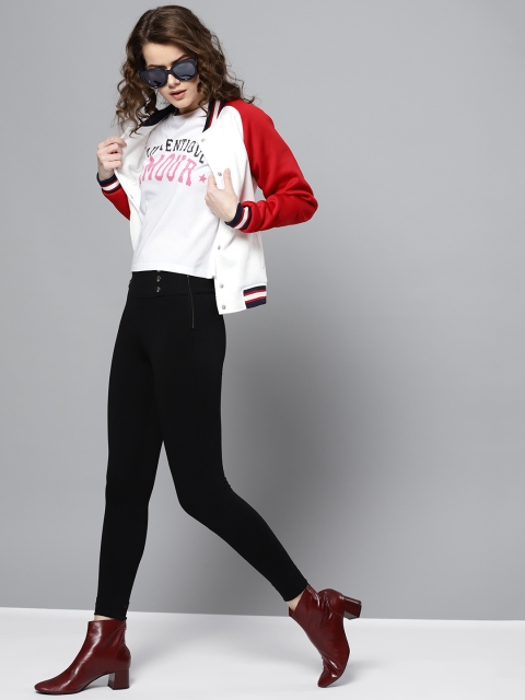 

Harpa Women White & Black Printed Round Neck Boxy T-shirt