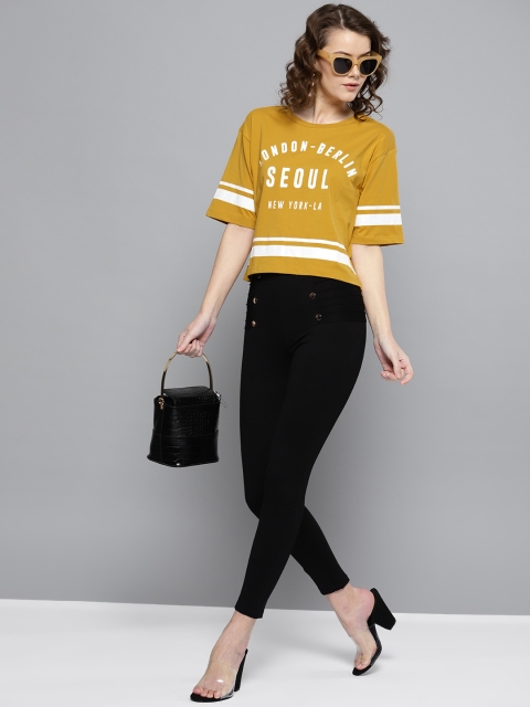 

Harpa Women Mustard Yellow Printed Round Neck Boxy T-shirt