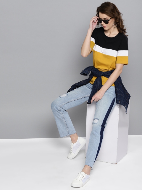 

Harpa Women Mustard Yellow & Black Colourblocked Round Neck T-shirt