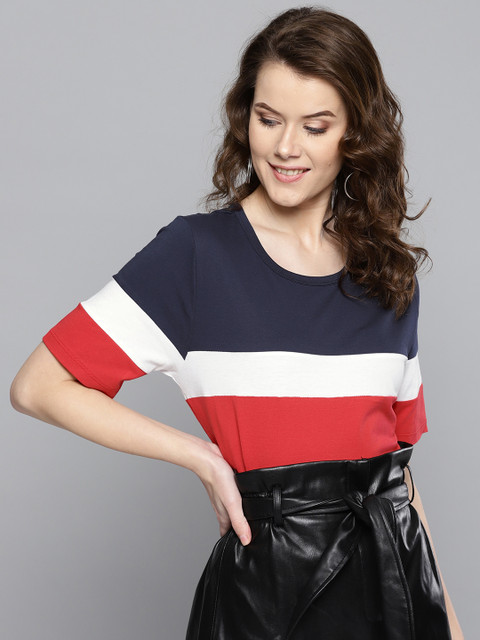 

Harpa Women Red & Navy Colourblocked Round Neck T-shirt