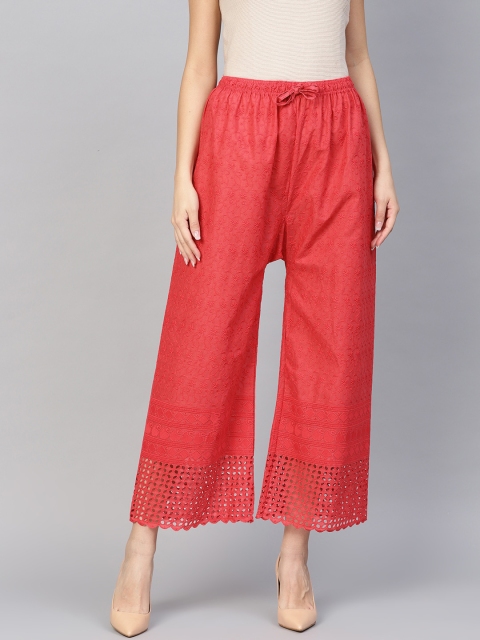 

Ishin Women Coral Red Chikankari Embroidered Wide Leg Palazzos