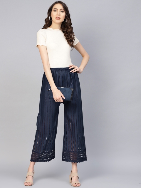 

Ishin Women Navy Blue Schiffli Embroidered Wide Leg Palazzos