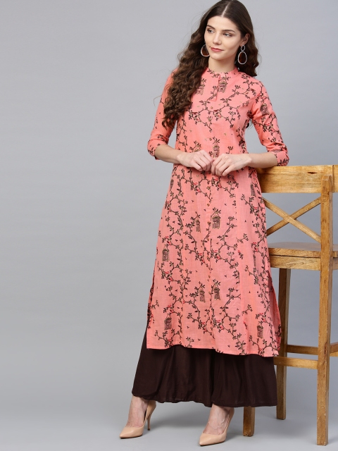 

Ishin Women Pink & Brown Leaf Print A-Line Kurta