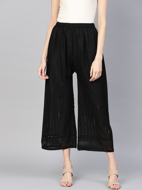 

Ishin Women Black Wide Leg Schiffli Embroidered Wide Leg Palazzos
