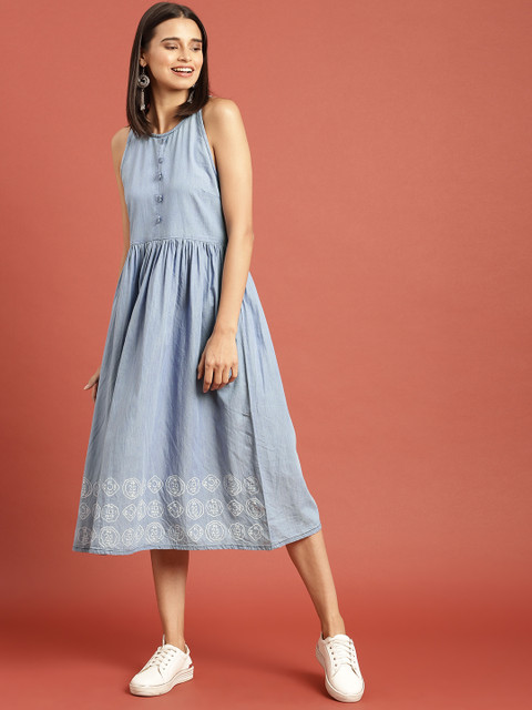 

Taavi Women Blue Hand Block Print Legacy Chambray A-Line Sustainable Dress with Gathers