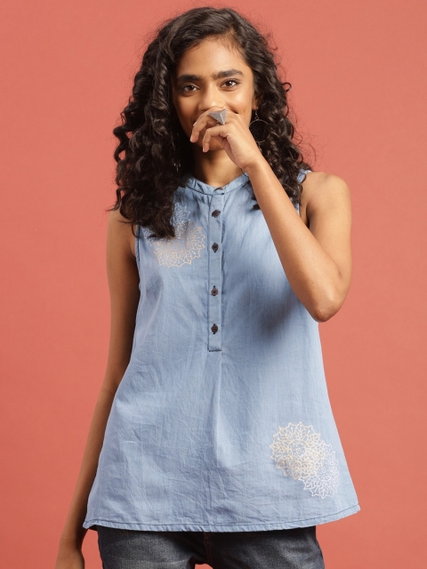 

Taavi Women Blue Hand Block Print Legacy Chambray Shirt Style Sustainable Pure Cotton Top