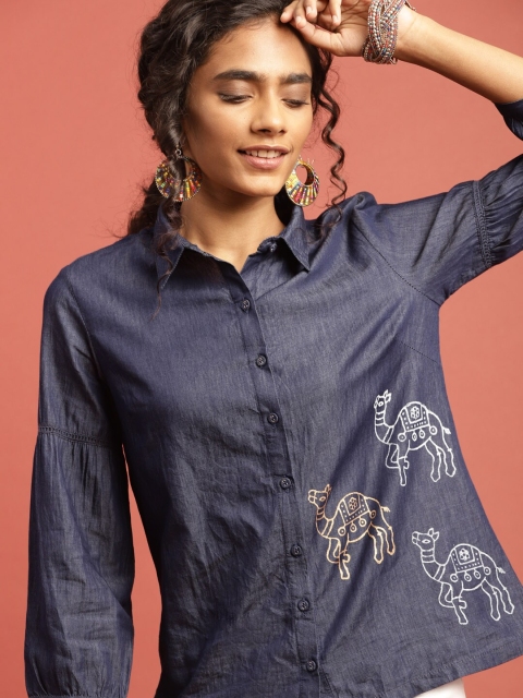 

Taavi Women Blue Hand Block Print Legacy Chambray Sustainable Shirt with Placement Print