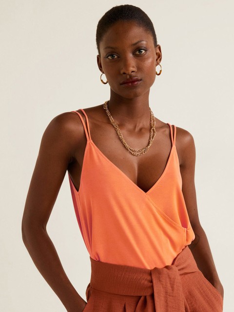 

MANGO Women Orange Solid Wrap Top