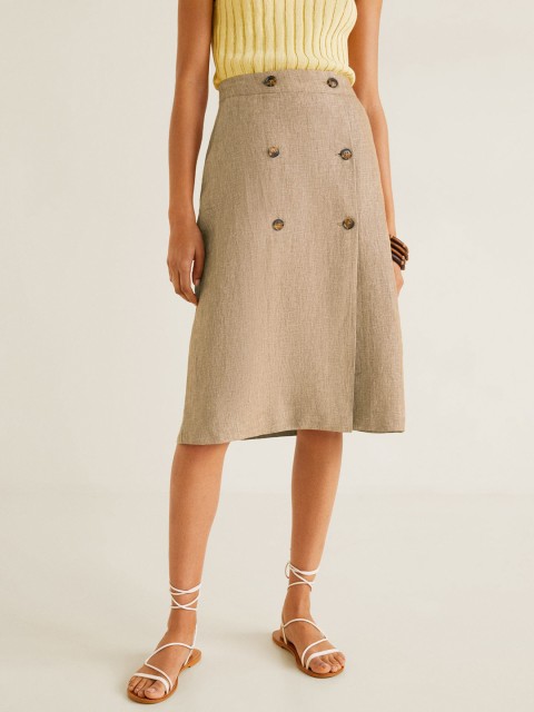 

MANGO Women Beige Solid A-Line Linen Skirt